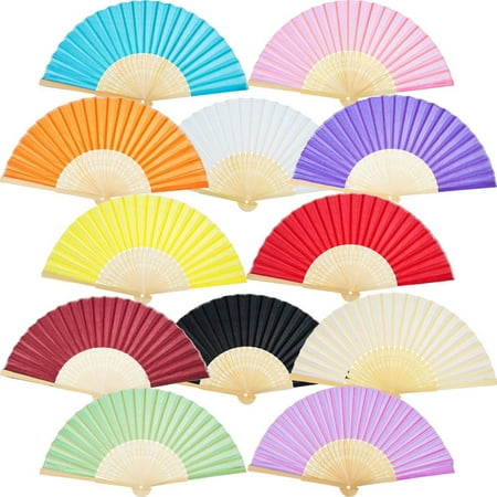 

12 Pack Hand Held Fans Silk Bamboo Folding Fans Handheld Folded Fan for Church Wedding Gift Party Favors DIY Decoration