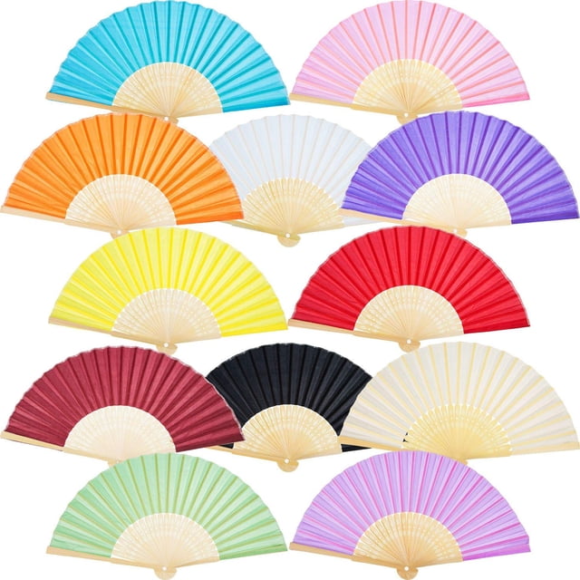 Paquete de 12 abanicos de mano abanicos plegables de bambú de seda abanico plegable de mano para regalo de boda de iglesia, favores de fiesta, decoración de bricolaje Adepaton Figuras Decorativas y Floreros
