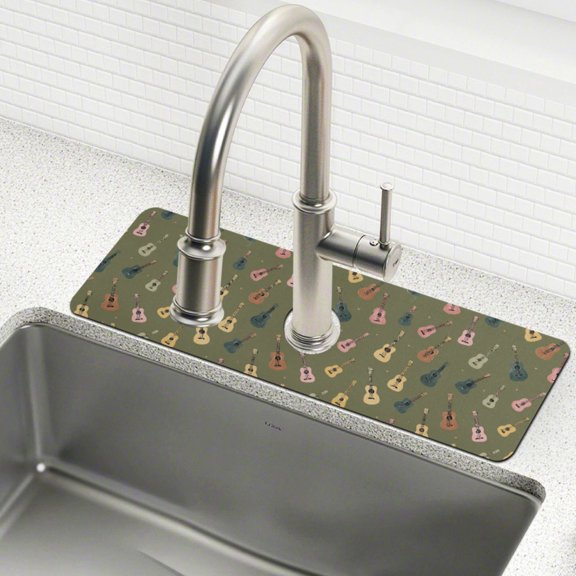 Yayeee Faucet Mat for Kitchen Sink 14.7" Diatomite Long Splash Guard Pad, Cartoon Guitar Pattern