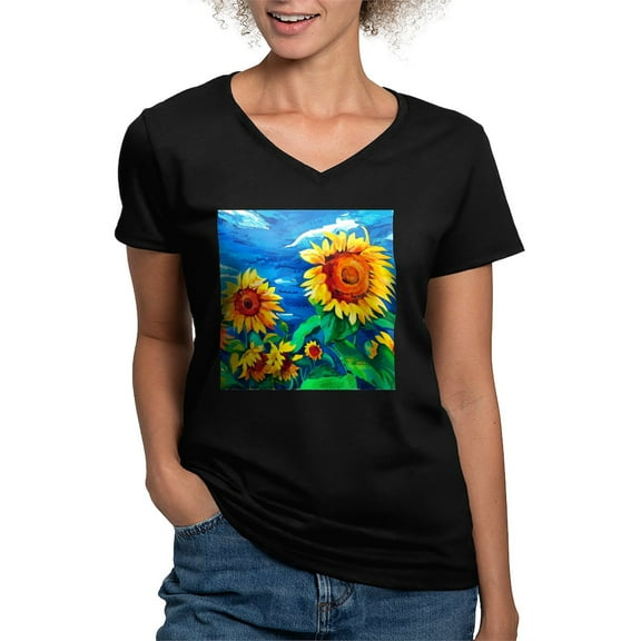 CafePress - Sunflowers Painting T Shirt - Women's V-Neck Dark T-Shirt
