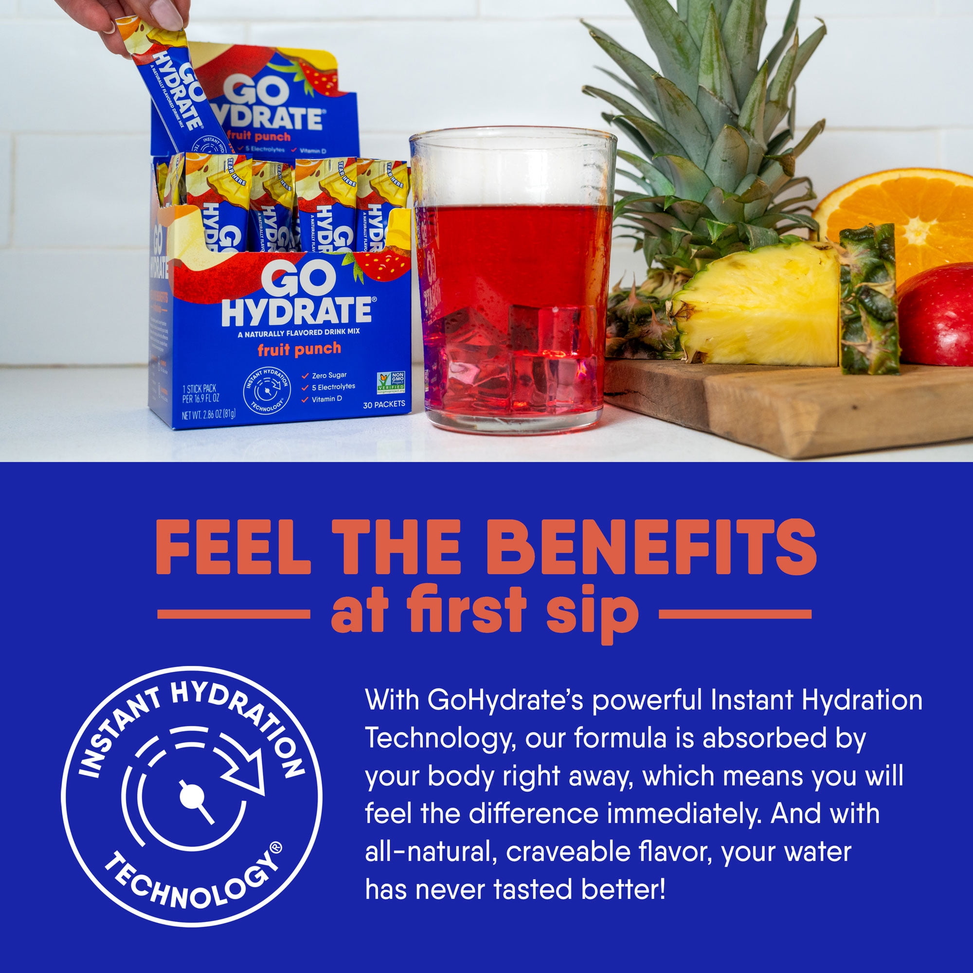 Electrolyte Hydration Drink Mix with Vitamin D, Non GMO Electrolyte Powder Hydration Pack, Fruit Punch, 30 Hydration Powder Packets - GoHydrate