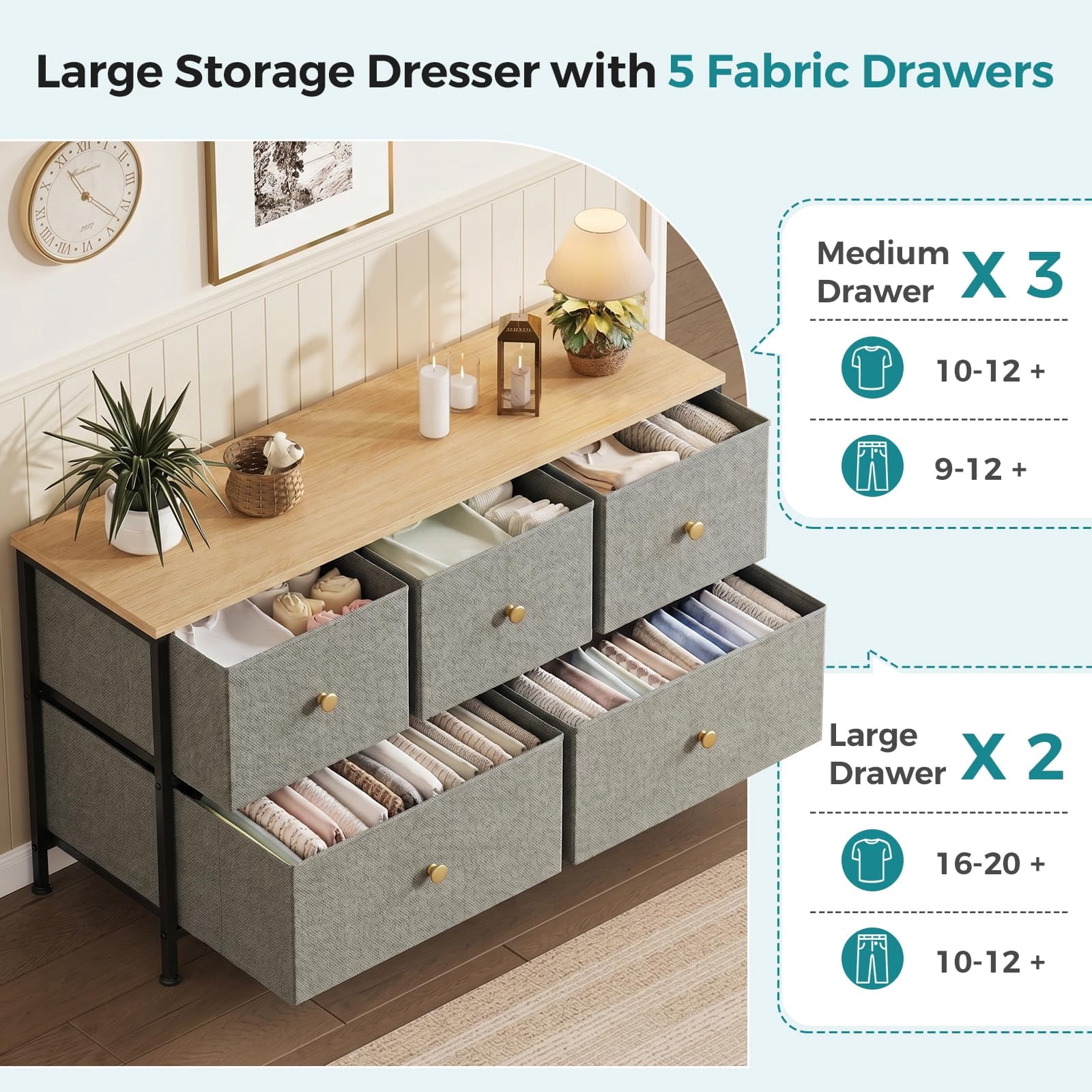Telyra 5-Drawer Fabric Dresser TV Stand Organizer with Wood Top and Metal Frame, Greyish Green