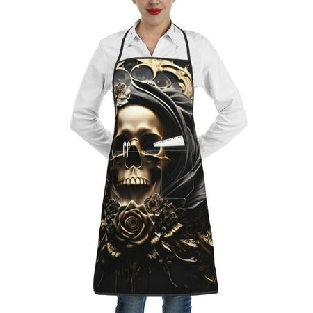 

Gaeub Gold Rose Skull Kitchen Cooking Aprons Adjustable Bib Apron Waterdrop and Oil Resistant Kitchen Chef Apron for Women Men