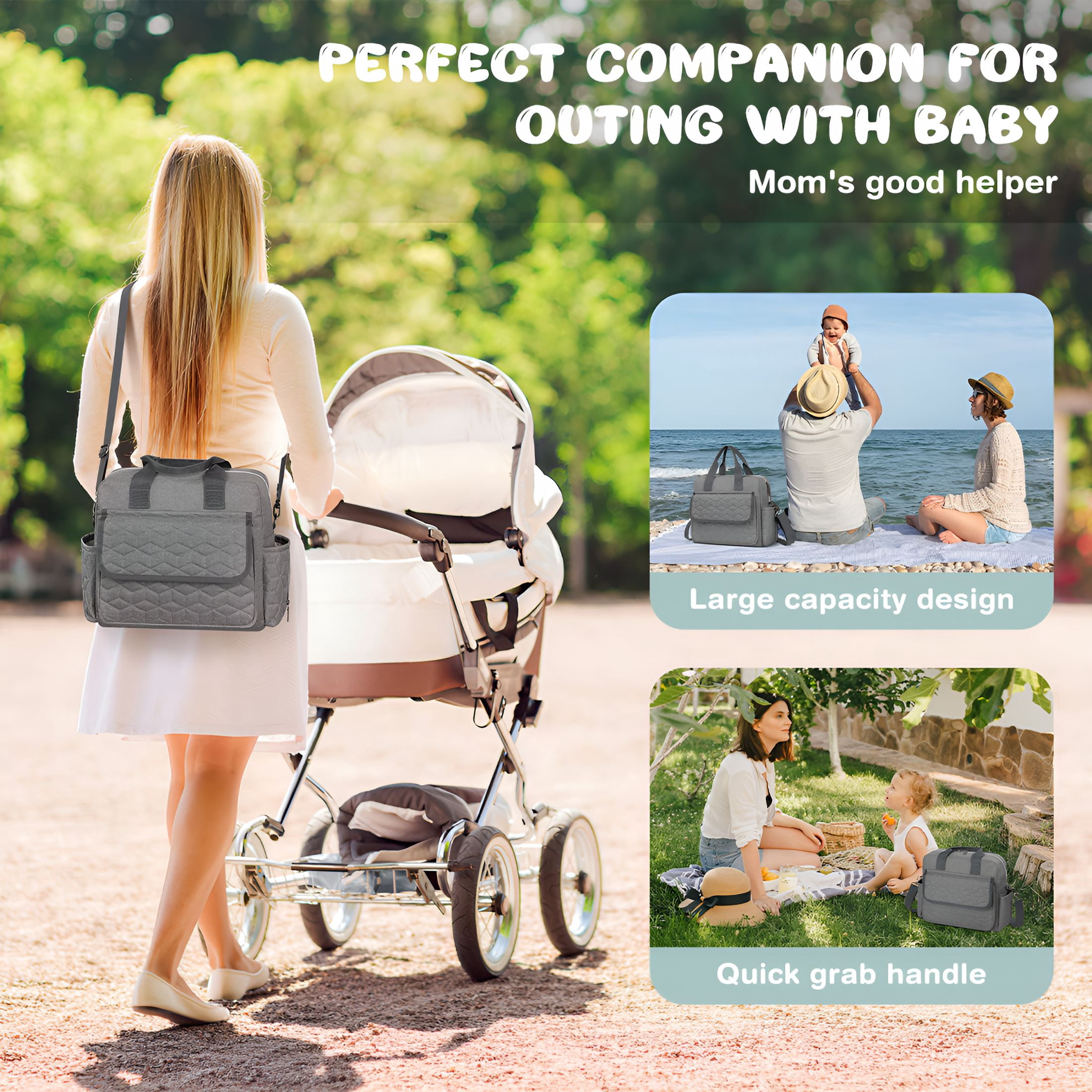 GASTROPOD 2026 New Diaper Bag Tote,Large Capacity Baby Diaper Bag with 3 Insulated Pockets,Lightweight Travel Diaper Tote for Mom Dad,Double-Layer Work Bag for Breastfeeding,Shoulder Mommy Bag(Gray)