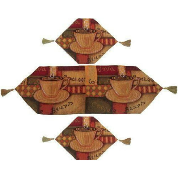 DaDa Bedding Set of 3-Pieces - Smell of Coffee Café Cup Orange Brown Woven Tapestry Dining Table Runners (9912)
