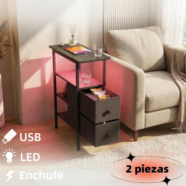 Set de 2 mesitas de noche negras con luces LED, enchufe y 2 cajones | Mesa auxiliar para sala y recámara