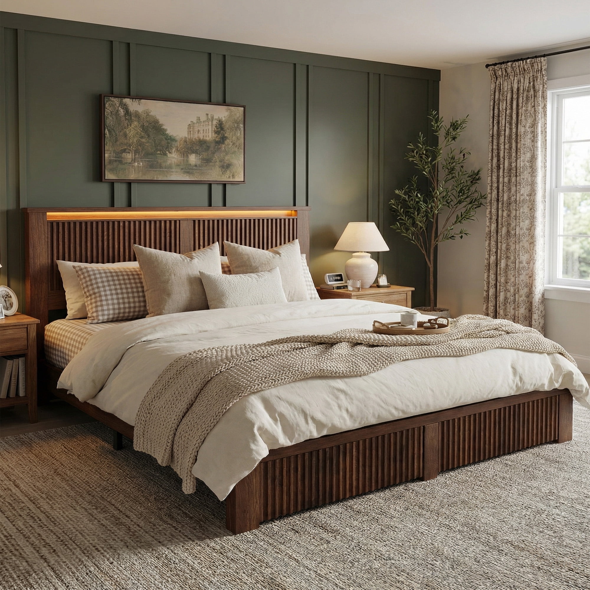EnHomee Wood Bed Frame King with Headboard Bed Frame with Storage Shelf and Drawers Farmhouse Bed Frame with 2 Drawers & Charge Station & LED Light, Walnut