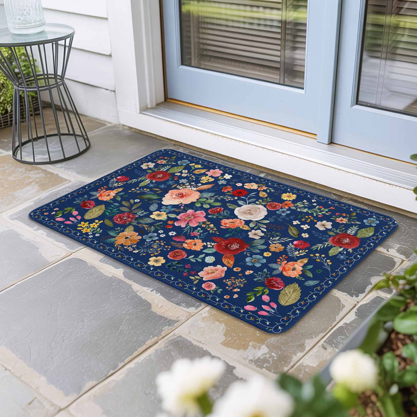 Navy Blue Flowers Doormat Outdoor Entrance 16"x24", Spring Vintage Floral Leaves Farmhouse Absorb Moisture Dirt Door Mats, Non-Slip Rubber Backing Floor Mats Indoor, Low-Profile Front Door Rugs
