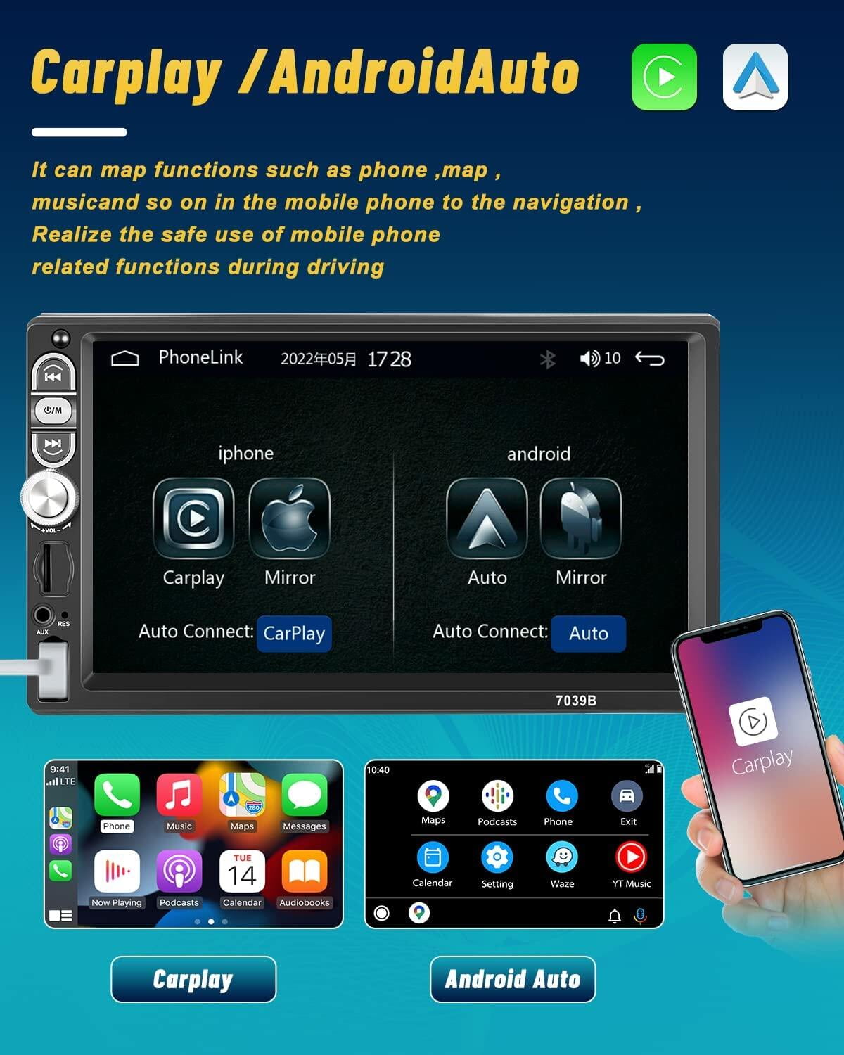 Podofo 1 Din 7" Car Stereo Radio Carplay Android Auto Mirror Link Car Player MP5