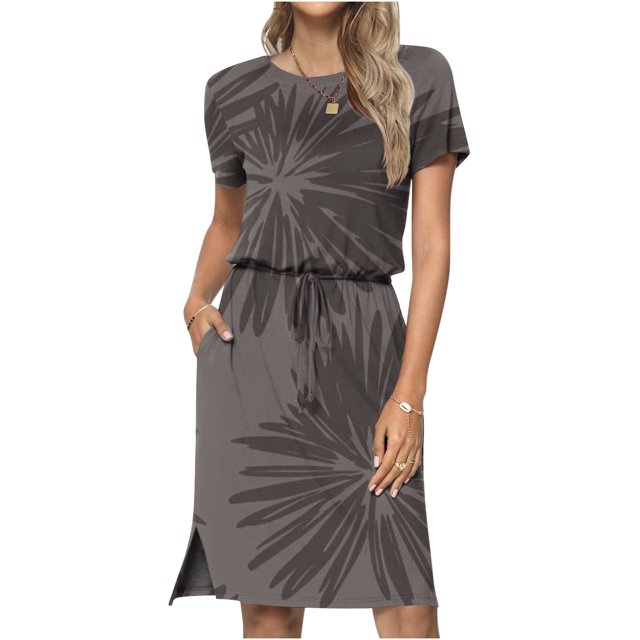 SMihono Robe d'Été Grande Taille pour Femmes 2023 Décontractée à Imprimé Floral à Manches Courtes Col Ras du Cou à Lacets avec Poches
