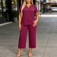 thumbnail image 2 of akafmk Plus Size Womens 2 Piece Sets Summer Outfits V Neck Short Sleeve T-Shirts and Wide-Leg Pants Matching Loungewear Set Sleepwear Soft Fashions Clothes, 2 of 7