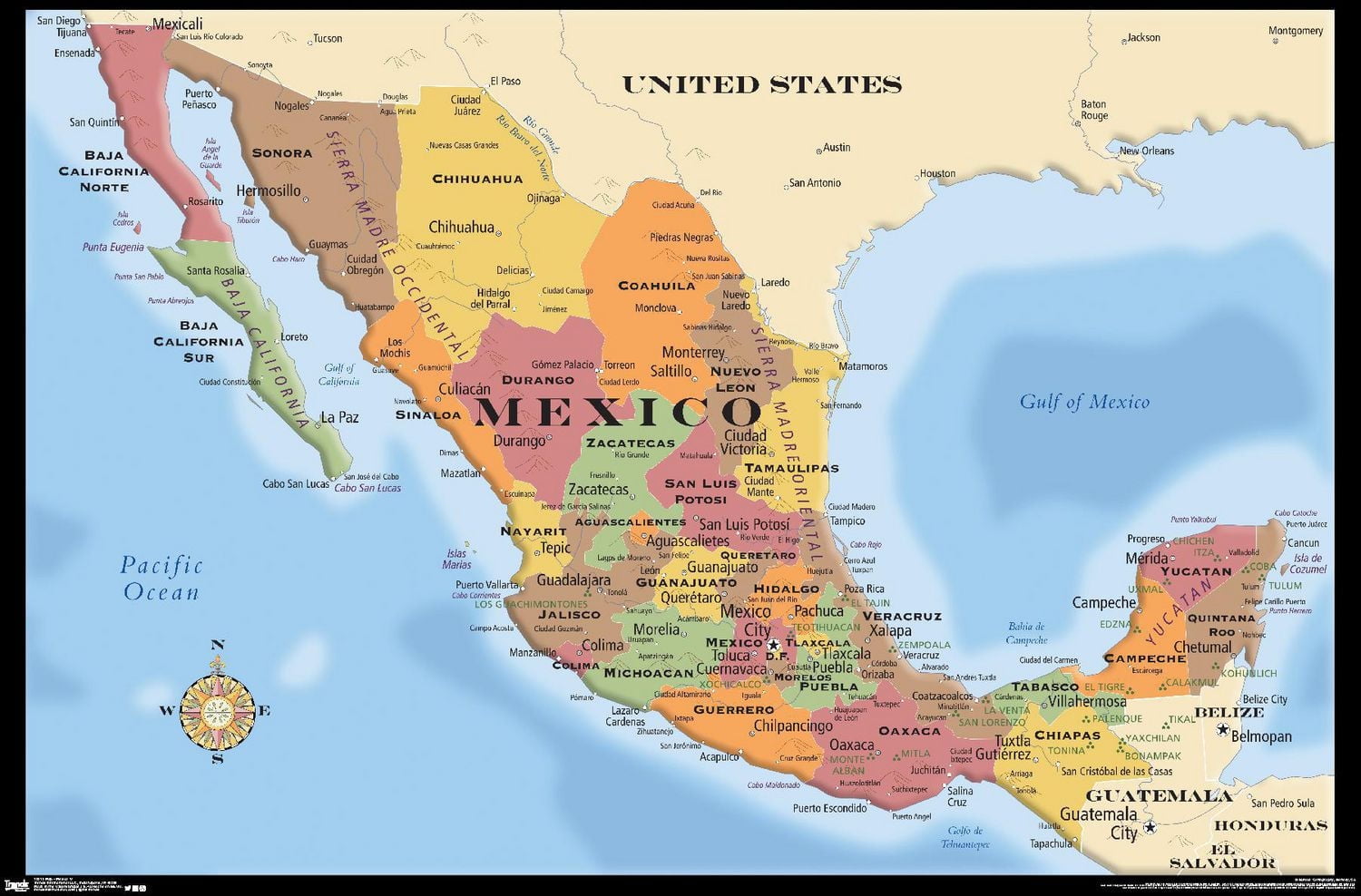 Map - Mexico Wall Poster, 22.375" x 34" Framed