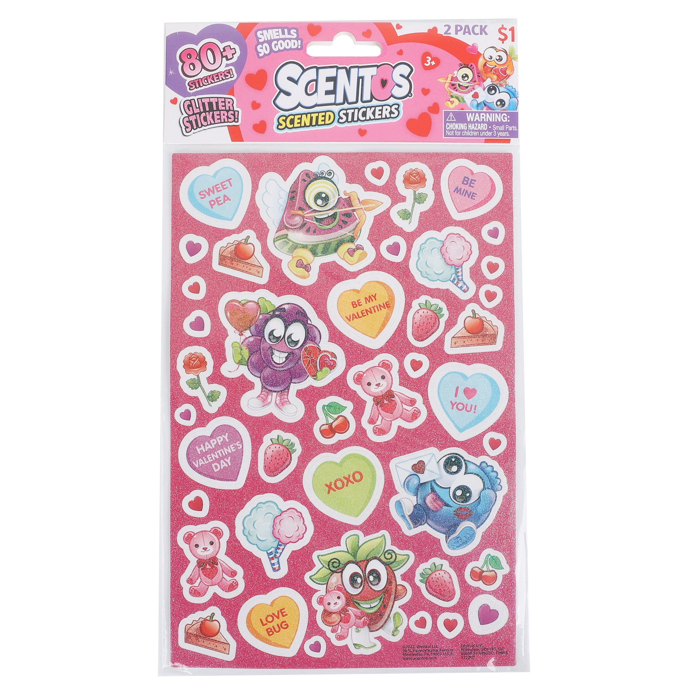 Scentos Valentine's Day 80+ Scented Glitter Stickers Pink - Ages 3+, Stationery