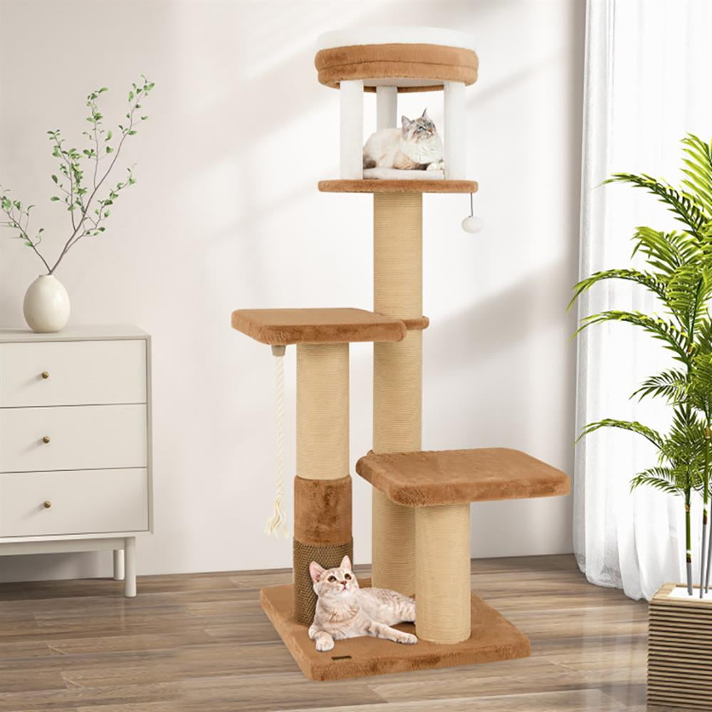 GVN Cat Tree Tower, Cat Tree, 65 Inches Tall Cat Tree with Self-groomer and Removable Cat Bed-Coffee