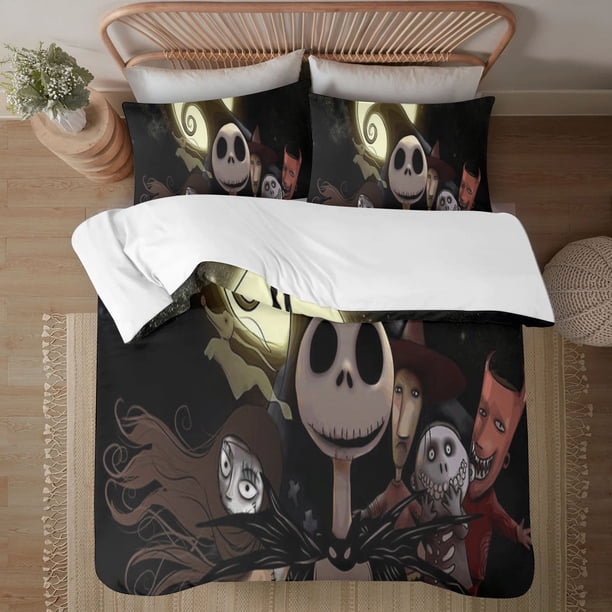 Juego de cama de tres piezas Pesadilla antes de Navidad, edredón cálido y cómodo, ropa de cama suave, regalo de Navidad para niños y adultos, dos fundas de almohada, una funda de edredón