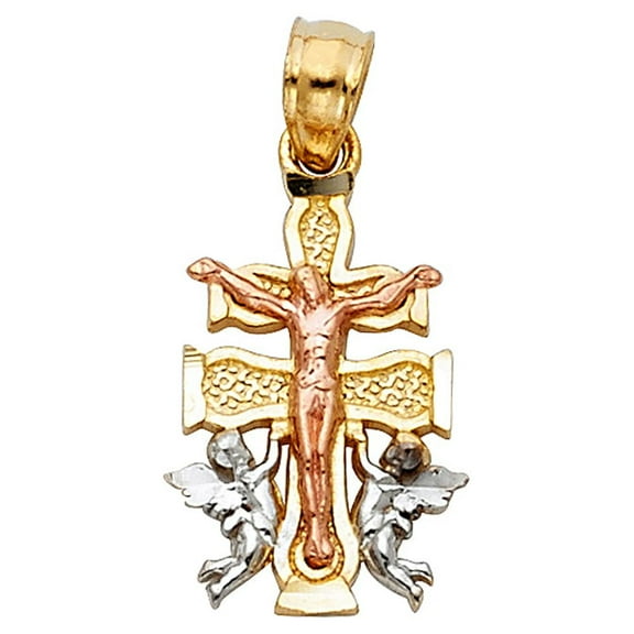 14k Tri-Color Gold Latin Mexican Crucifix Cross Pendant High Polish Jesus Charm Jewelry Female