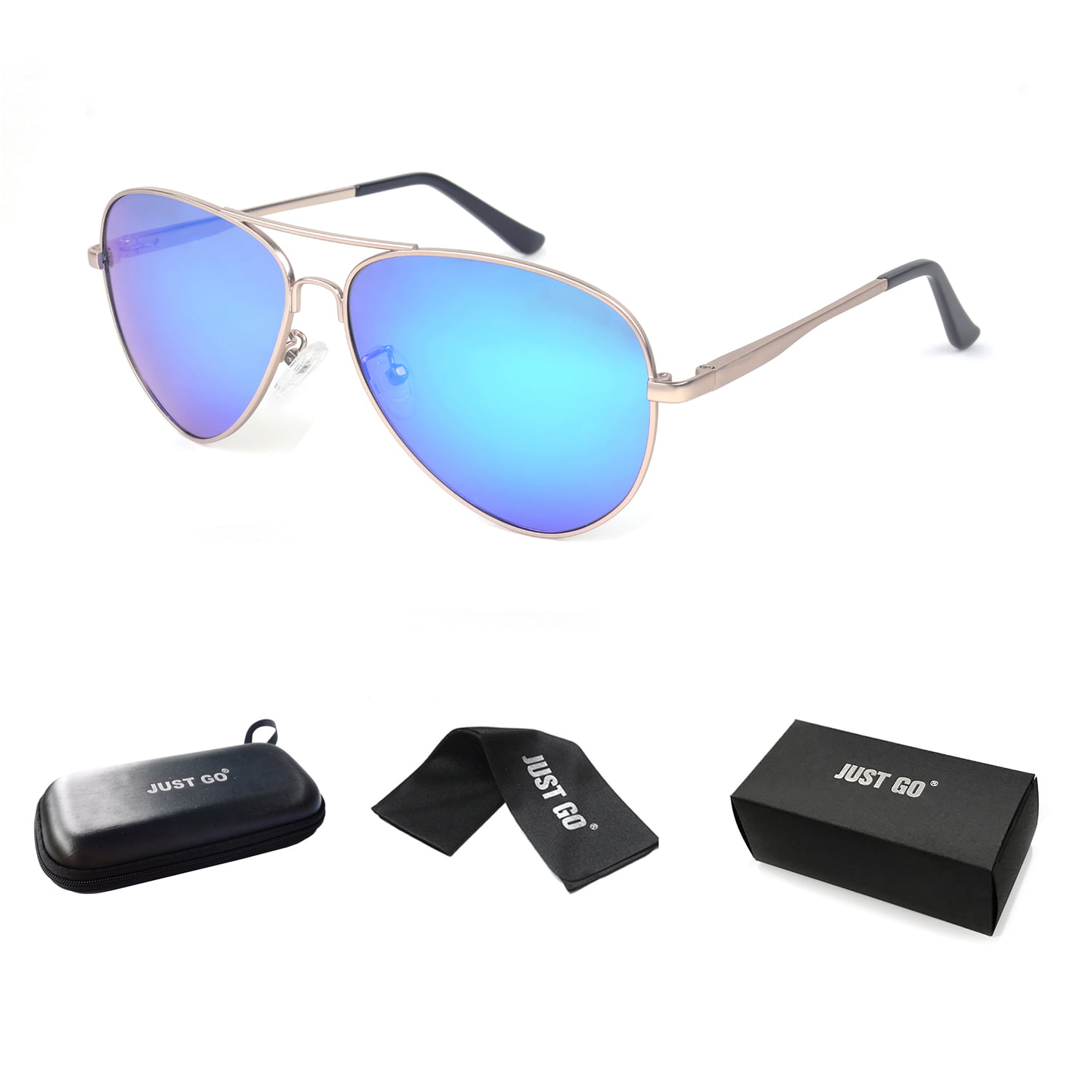 JUST GO Metal Frame UV Lenses, 100% Vintage Polarized Style Gold, Matte Aviator Protection, Revo Case, with Sunglasses Blue