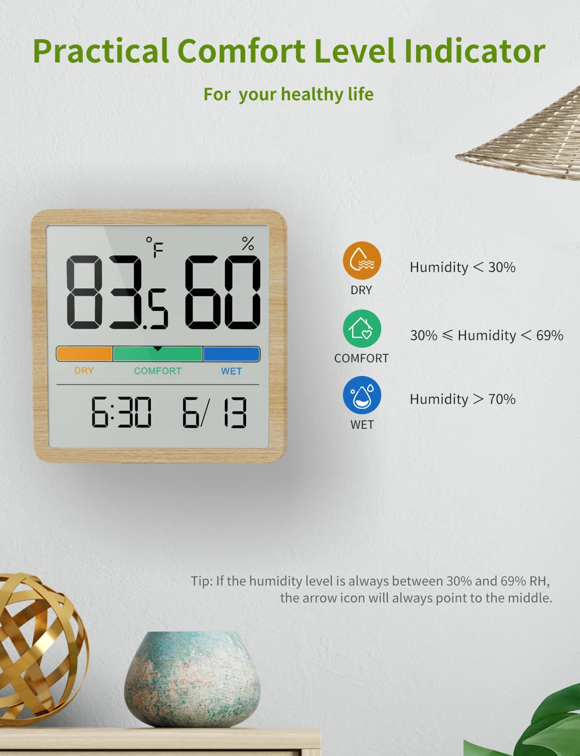 Vocoo Indoor Thermometer Room Temperature Home Hygrometer Humidity Gauge, Accurate with Calibration, Backlight, Air Comfort Indicator, 24H Max Min