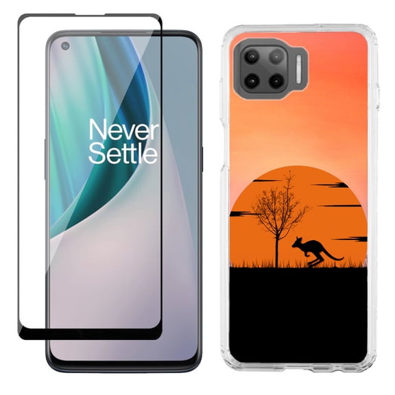 Slim-Fit Protective Phone Case compatible with Motorola Moto One 5G UW, with Tempered Glass Screen Protector, by OneToughShield ® - Sunset Kangaroo