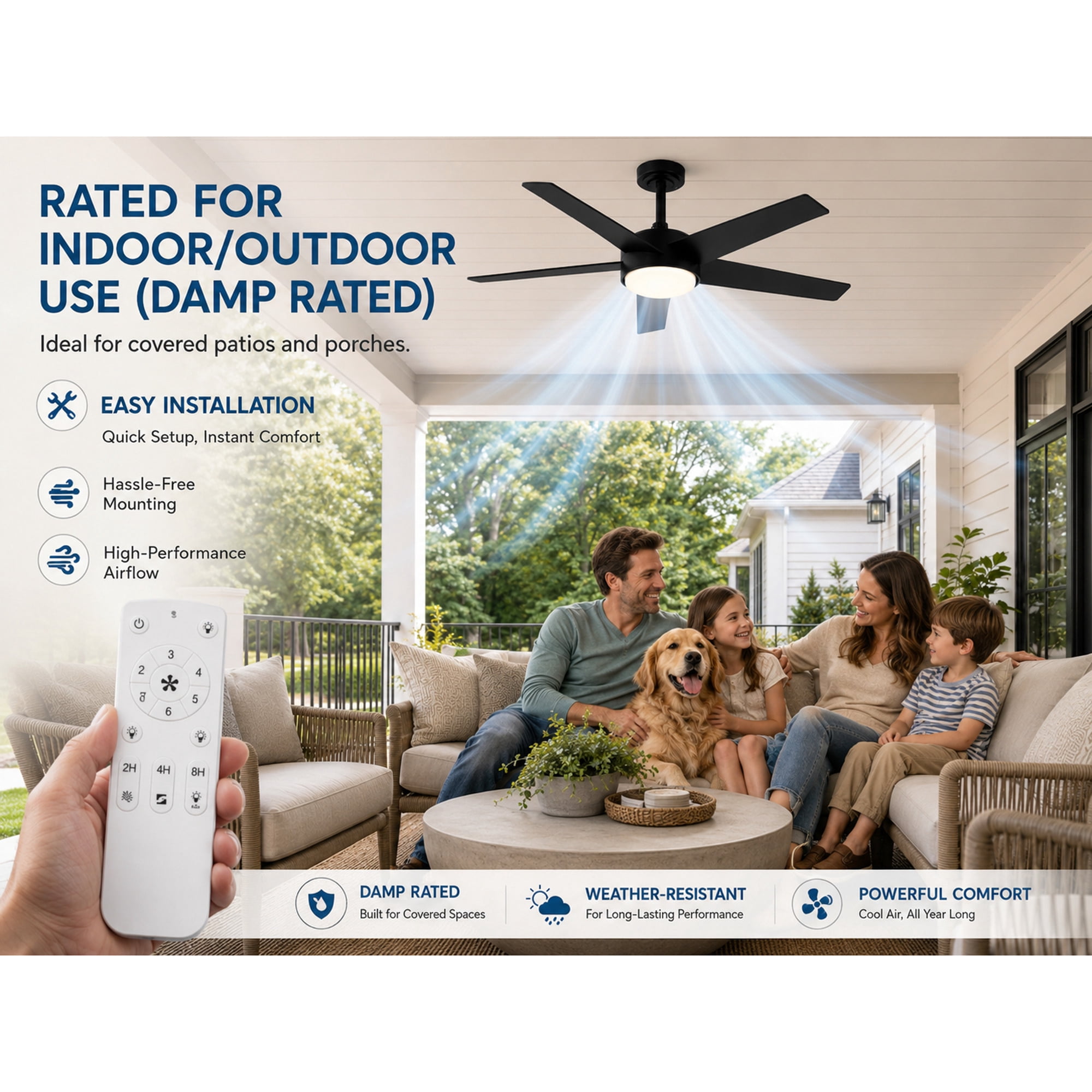 Mainstays 44 inch Black Downrod DC Covered Outdoor Ceiling Fan with Integrated LED Light, Remote Control, 6 Speeds, and Fast-Install Blade System