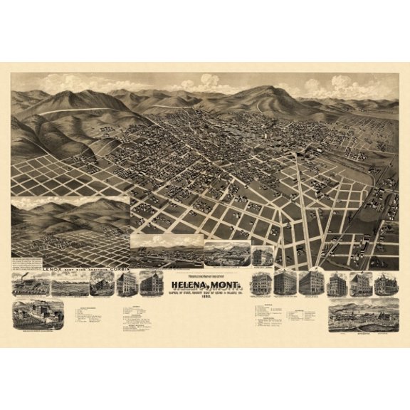 Old Map of Helena Montana 1890 Lewis & Clarke County Canvas Art -  (24 x 36)