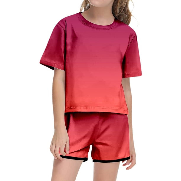 Conjunto de verano para niña REDARER con efecto tie-dye: camiseta de manga corta y pantalones cortos, ropa informal ligera con bolsillo, talla 11-12 años