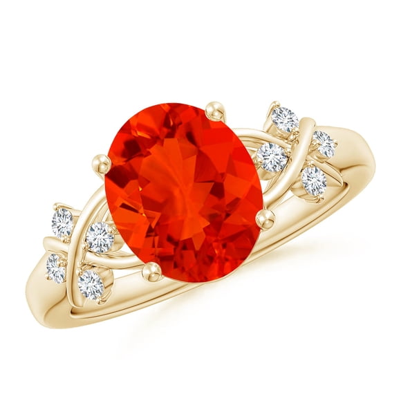 Angara Natural Fire Opal Ring - Solitaire Oval 1.6 ct Fire Opal Criss Cross Ring with Diamonds in 14K Yellow Gold for Women (Ring Size = 4.5)