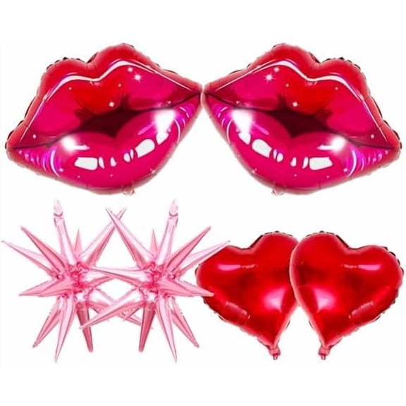 6PCS Red Lips, Red Heart, Pink Star Foil Balloons for Y2K Party Balloons, Valentine's Day Decorations, 2000s Theme Party Décor, Bachelorette & Bridal Shower Balloons, Wedding Party