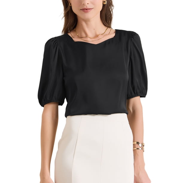 INSPIRAR CHIC Blusa de satén de media manga con escote corazón para mujeres, oficina, talla XS, negra