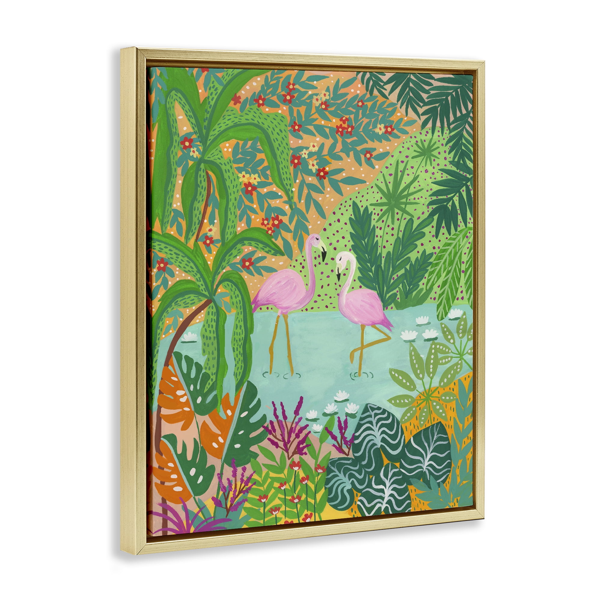Stupell Industries Flamingos in Dotted Pond Gold Framed Floater Canvas Wall Art, design by Nabeela Rumi