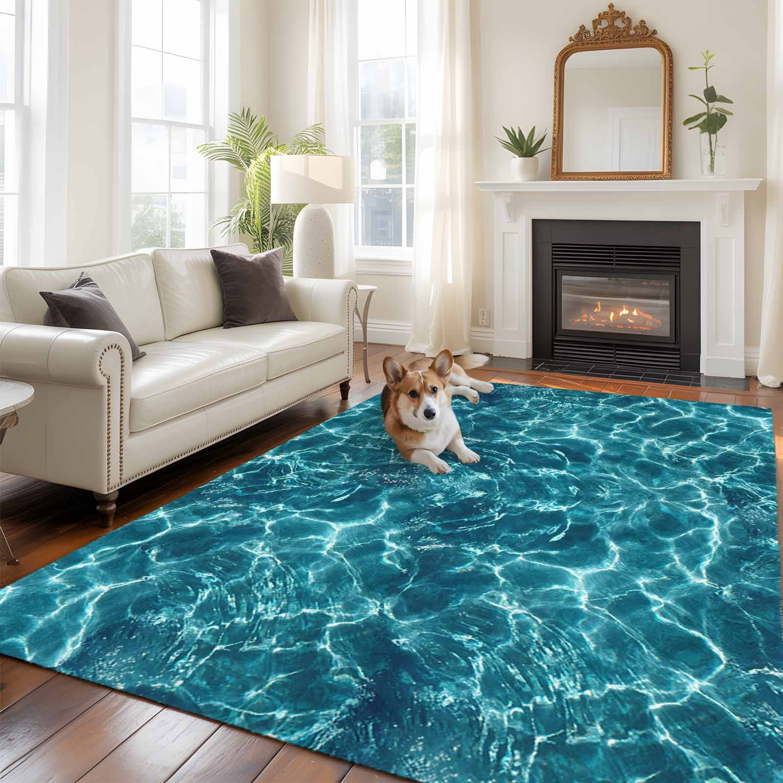 Large Area Rugs for Living Room Bedroom, Teal Green Ocean Waves 5'x8' Rug Washable Carpet Runner Indoor Outdoor, Summer Sea Pool Non Slip Floor Mats Rug for Kitchen, Bathroom