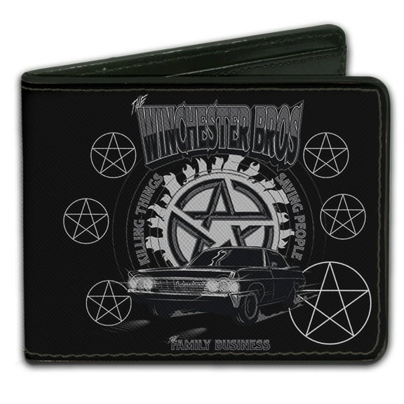 Supernatural Wallet, Bifold, Supernatural the Winchester Bros Impala Pentagrams Black Gray, Vegan Leather