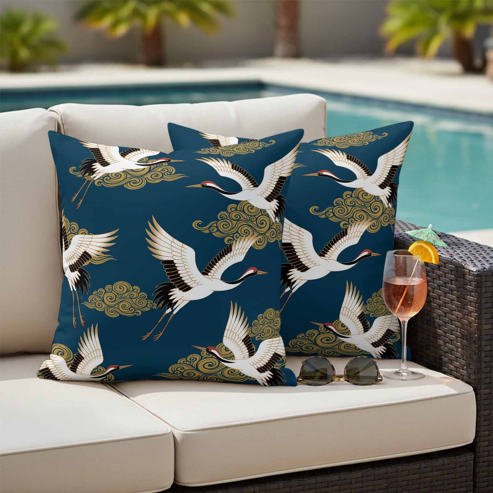 White Crane Outdoor Waterproof Throw Pillow Covers 18x18 Set of 2, Vintage Chinese Cloud Art Blue Gold Decorative Pillowcases Cushion Pillowcase for Couch Sofa Patio Outside Pillow Protector