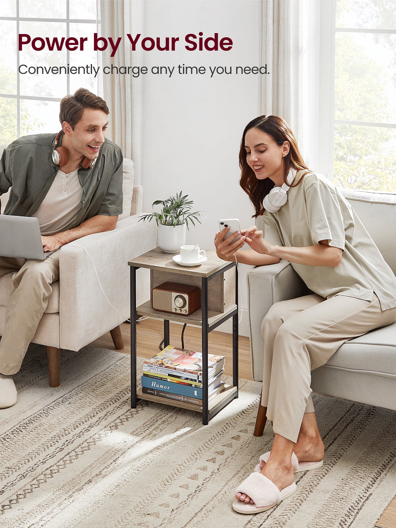 End Side Table with Charging Station 3-Tier End Table with USB Ports and Outlets Nightstand for Living Room Bedroom Greige and Black