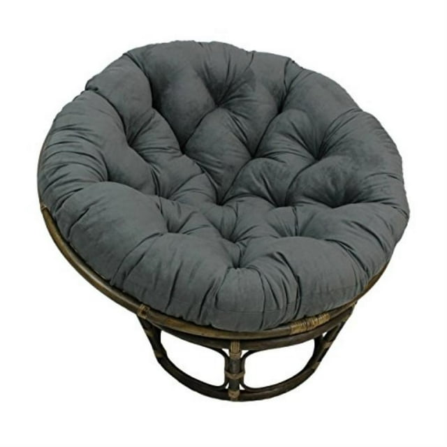 44-inch solid micro suede papasan cushion in grey, designed to fit a 42-inch papasan frame. The cushion features a classic tufted design with soft premium microsuede fabric made of 100% polyester. Frame not included.