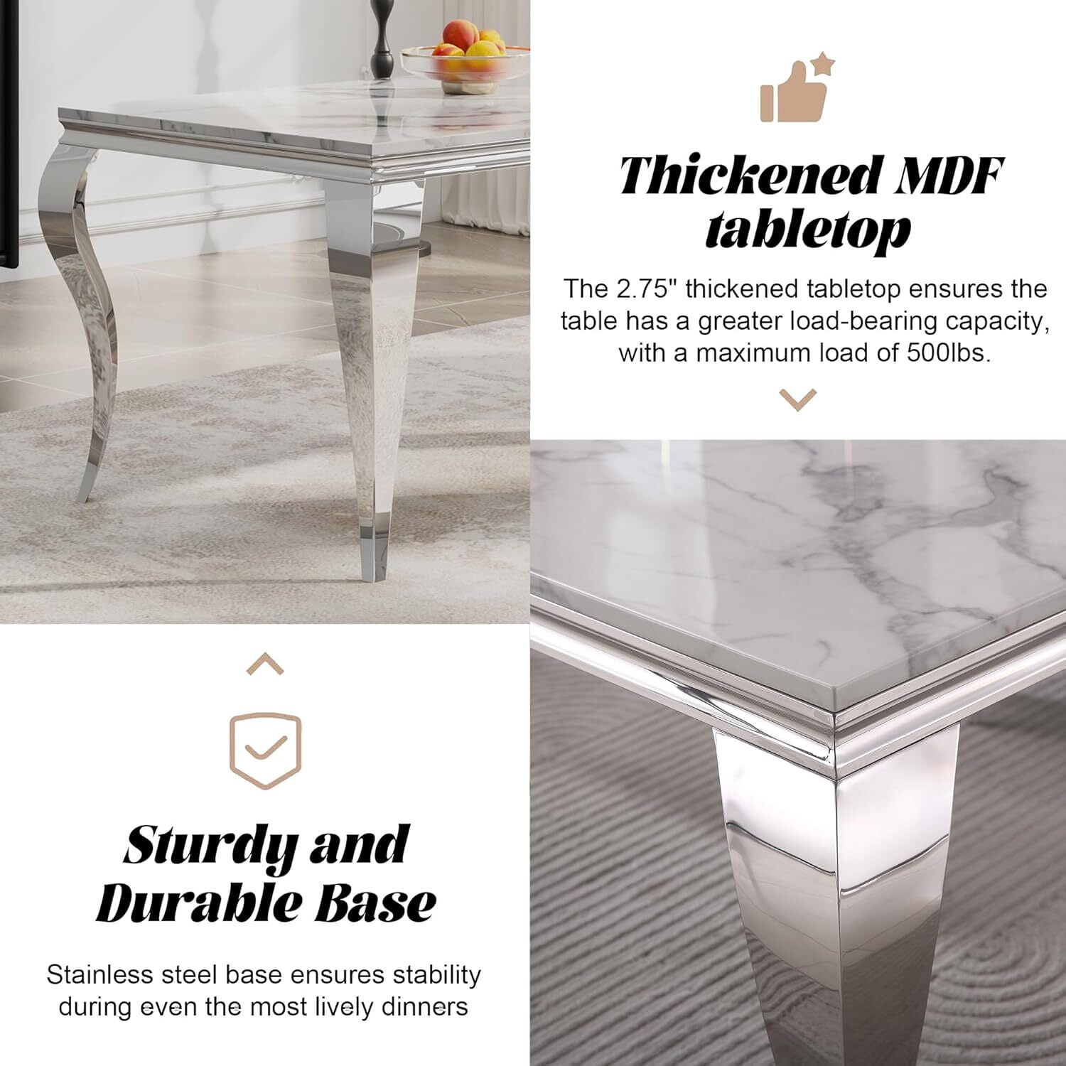 Faux Marble Dining Set of 7, Marble Pattern Table with S-Shaped Stainless Steel Legs, Velvet Dining Chairs with Nailhead Trim, Modern Style for Living Room, Dining Room, Conference Room
