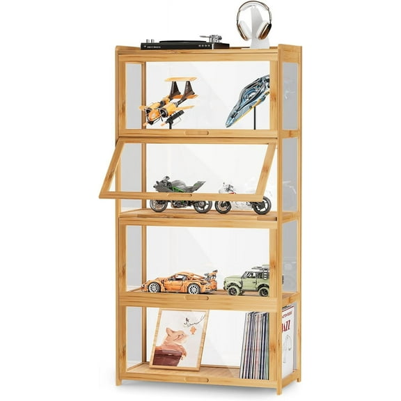 PetFurnishn 4 Tier Acrylic Display Cabinet with Door, Free Standing Clear Display Shelf Case Rack, Curio Cabinet Bookcase 27.5"(L) x 13.5"(W) x 55"(H), Natural