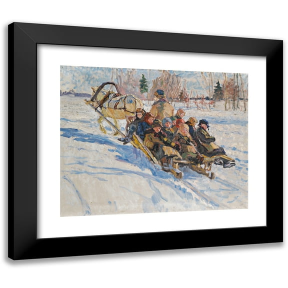 Nikolai Bogdanov-Belsky 14x12 Black Modern Framed Museum Art Print Titled - Children Riding in a Sleigh