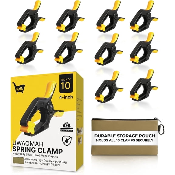 Uwaomah Spring Clamps [10 Pack] – 4-Inch Clamps Heavy Duty with 30lb Grip Strength & 2" Jaw Capacity | Rust-Free for Backdrop with Non-Slip Pads | Heavy Duty Clamps, Crafts, DIY & Tarps