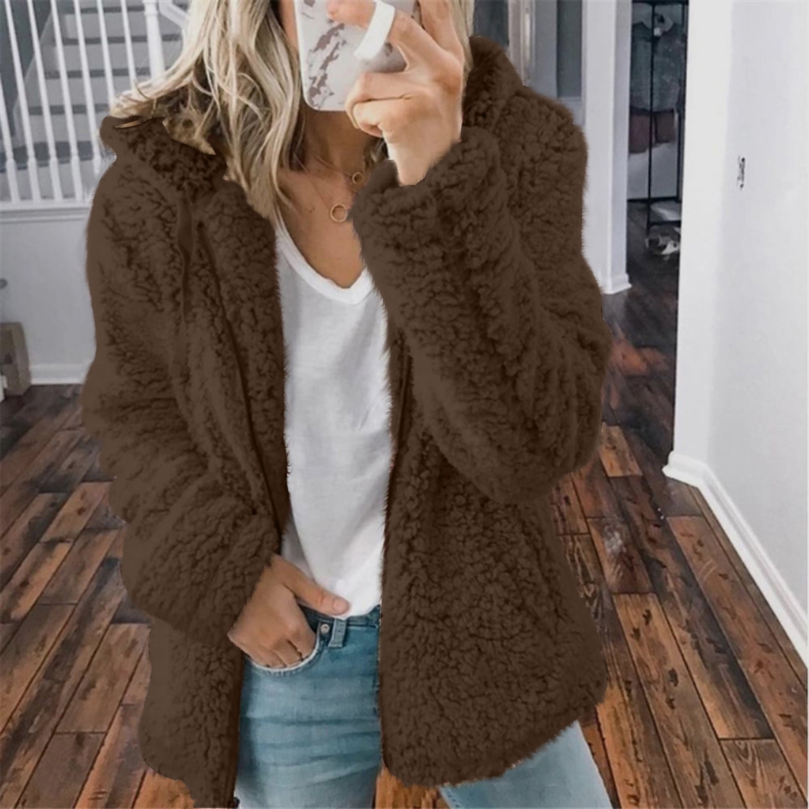 Dezsed Womens 2023 Winter Fuzzy Fleece Jacket Women Casual Solid Long Sleeve Zipper Hooded Plush Warm Sweatshirt Tops Brown B M