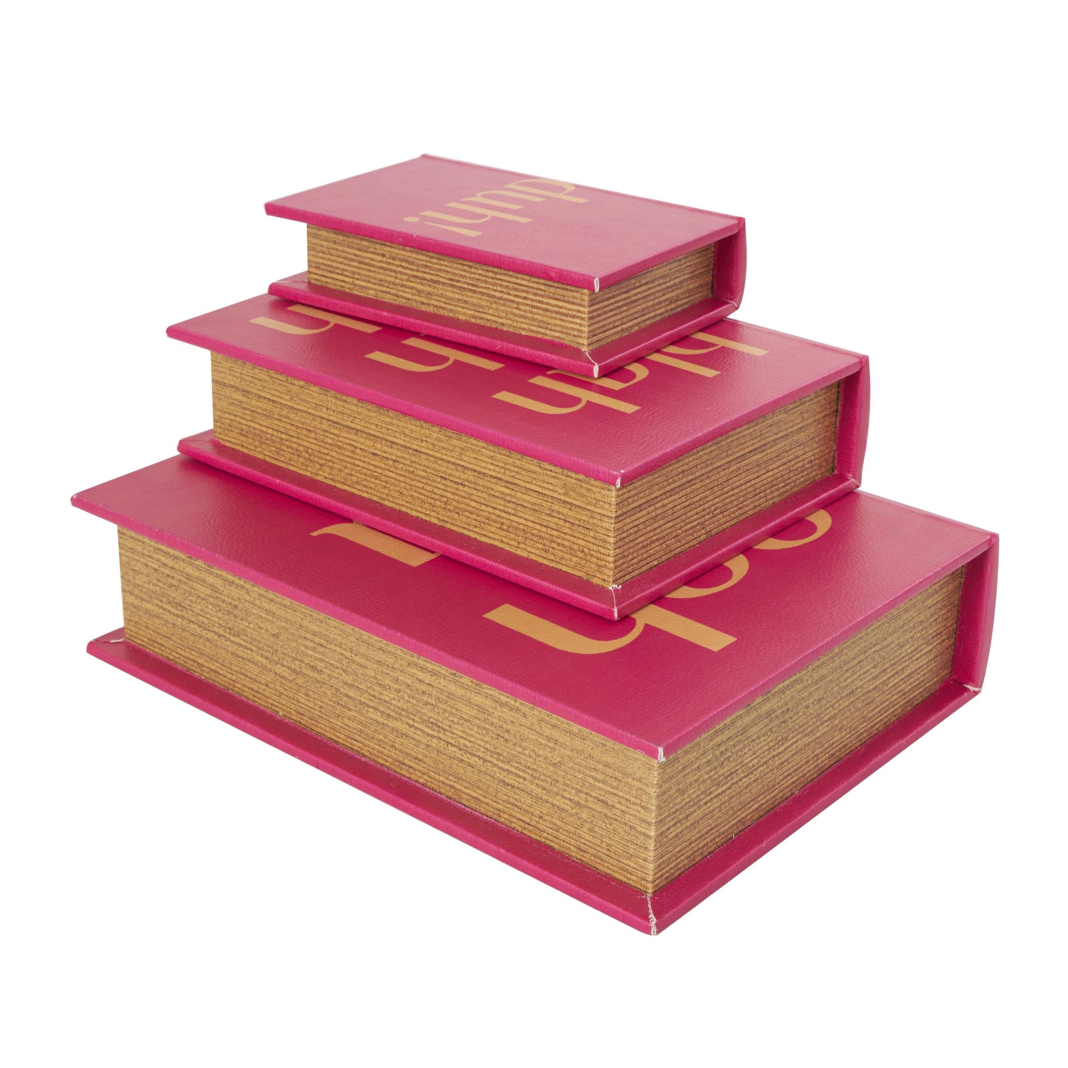 DecMode Text "Ooh La La" Faux Book Storage Red Faux Leather Decorative Box with Gold Lettering, 3 Count
