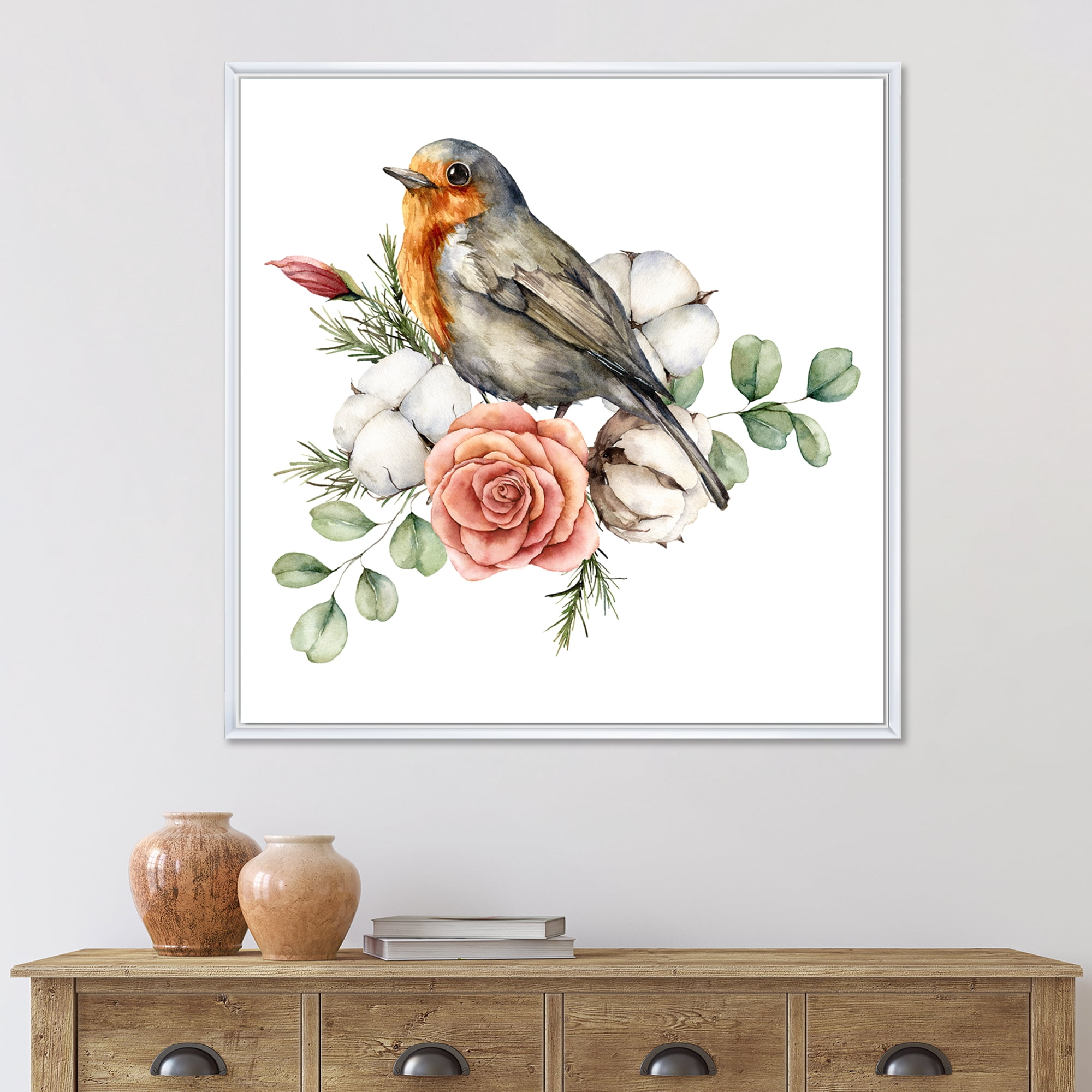 Cotton Rose and Leaves With Robin Redbreast 16 in x 16 in Framed Painting Canvas Art Print, by Designart
