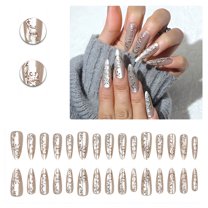 RAGUPEL 24Pcs Glue on Nails for Women,Relief Pattern Stiletto Press on Nails,Silver Lines Full Cover Nail Tips,Cute Nails for Party,Daily Life,Taking Pictures,Dating,Style1