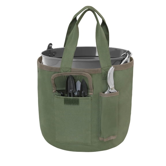 Heavy Duty Canvas Garden Tool Organizer Tote with Multiple Pockets for Buckets and Sturdy Storage