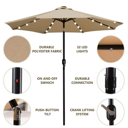 Sun Ray - 9' Round Solar Lighted Umbrella - Taupe