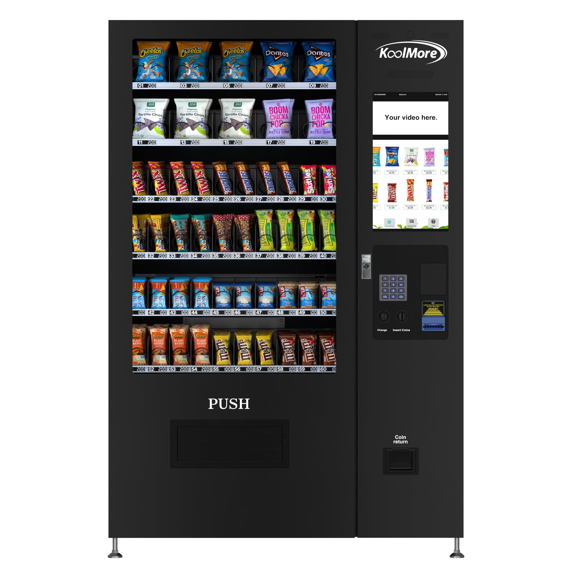 Non-Refrigerated Snack Vending Machine with 60 Slots, Coin and Bill Acceptor, and 22 Inch Touch Screen in Black (KM-VMNT-50-BC)