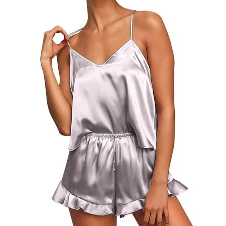 

Jsaierl Nightgowns for Women Ladies Casual Print Colorblock Frill Hem Set Housewear Suspender Vest Suit