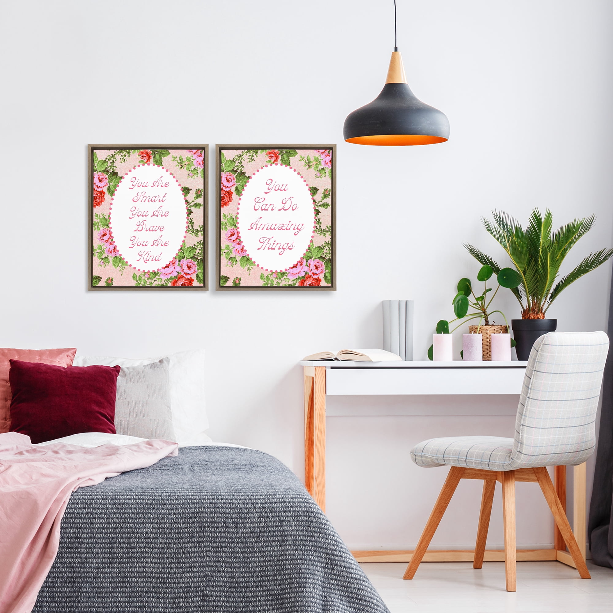 Stupell Industries Inspirations with Vintage Florals 2 Piece Brown Framed Floater Canvas Set, design by Lil' Rue