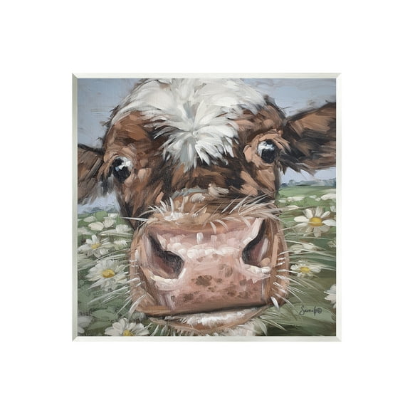 Stupell Close Up Cow Daisy Meadow Painting Animals & Insects Painting Wall Plaque Unframed Art Print Wall Art