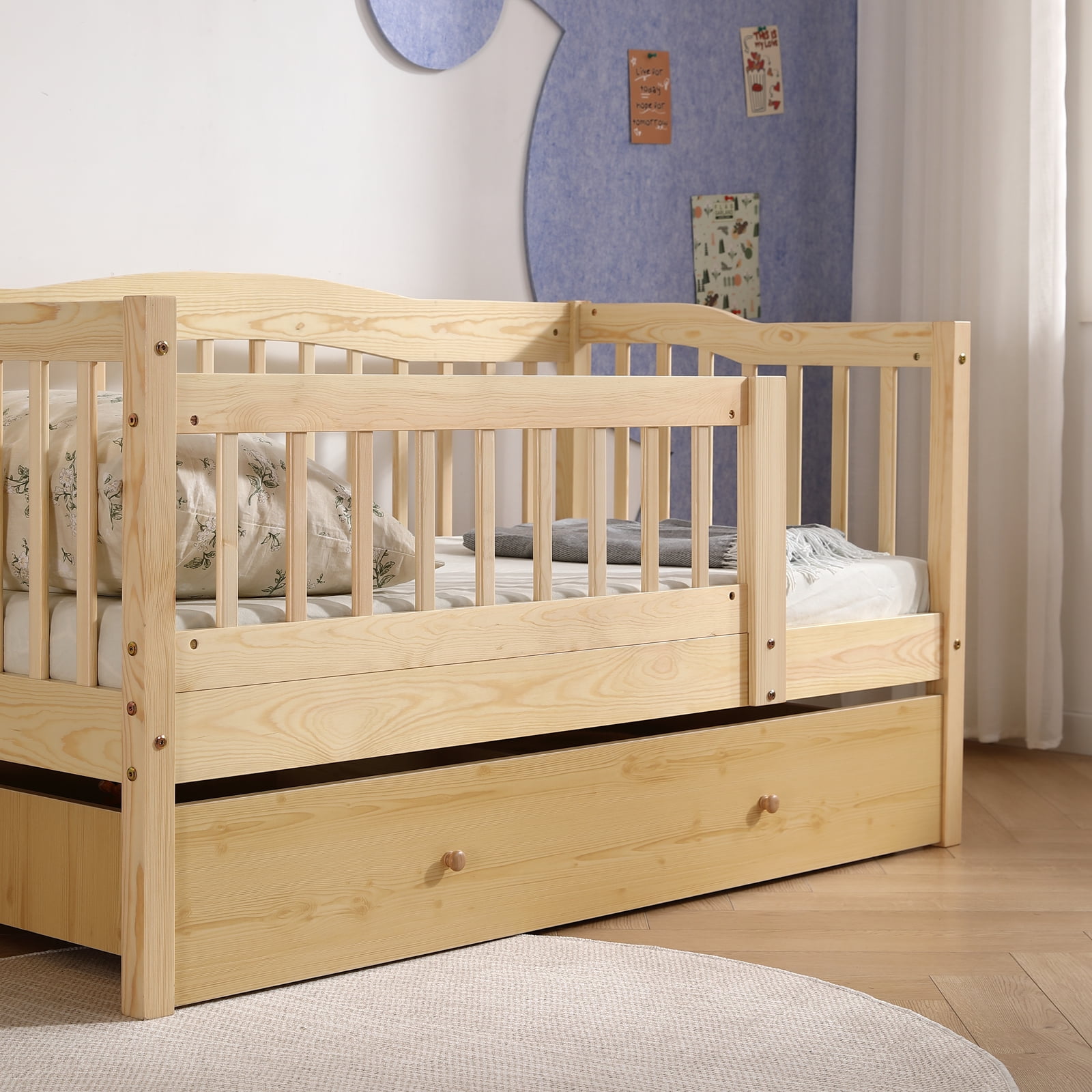 Ktaxon Toddler Daybed with Storage Drawers, Wood Kids Platform Bed Frame with Rails, No Box Spring Needed, Easy Assembly - Natural Wood